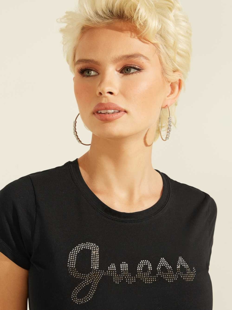 GUESS Split Script Logo Women's T-Shirts Black | UK1470ZQV