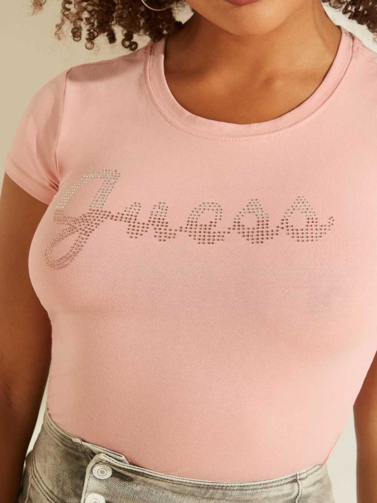 GUESS Split Script Logo Women's T-Shirts Pink | UK9618SKB