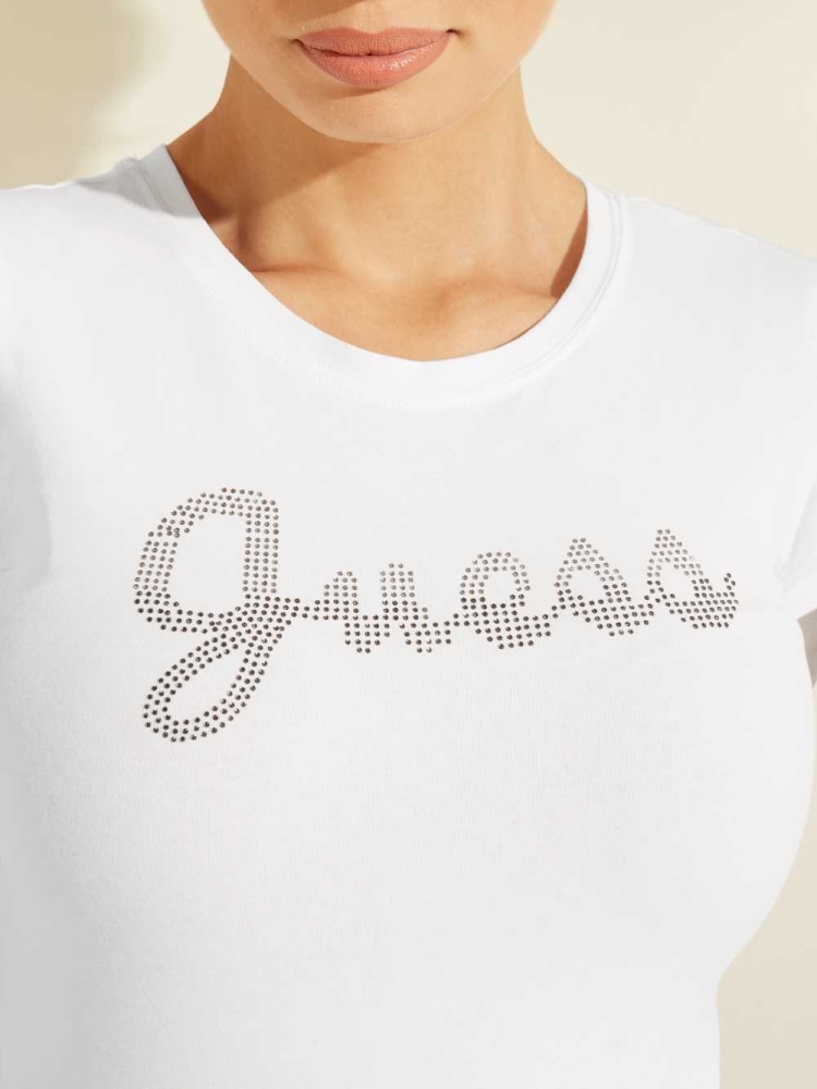 GUESS Split Script Logo Women's T-Shirts White | UK9841YEJ