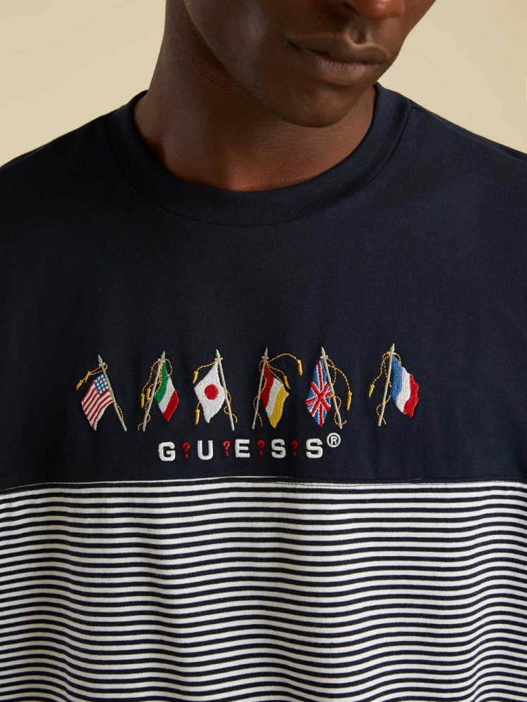 GUESS Striped Summer Games Men's T-Shirts Blue | UK0264BKJ