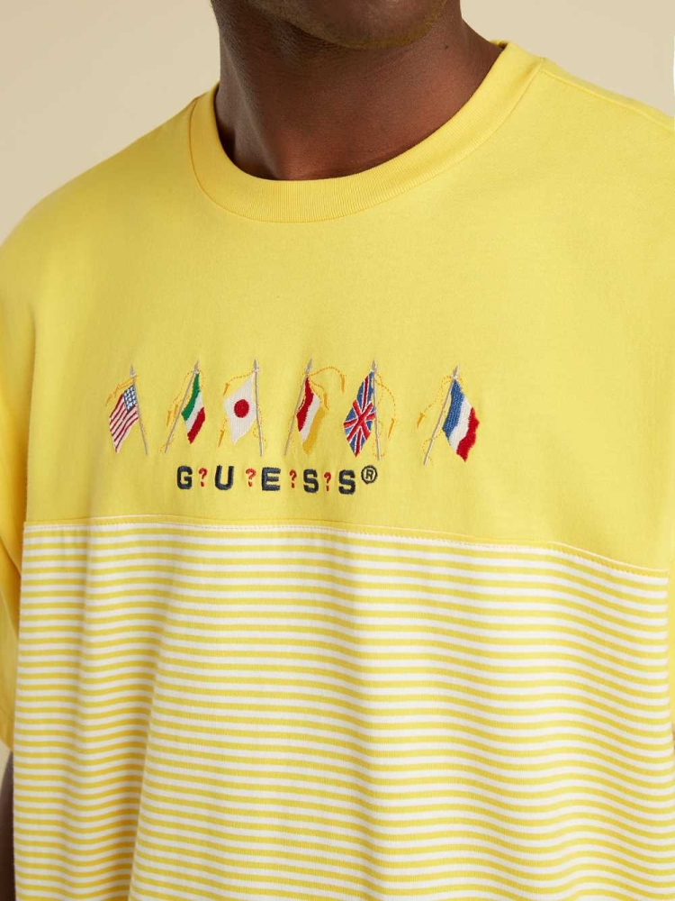 GUESS Striped Summer Games Men's T-Shirts Yellow | UK0375JXN