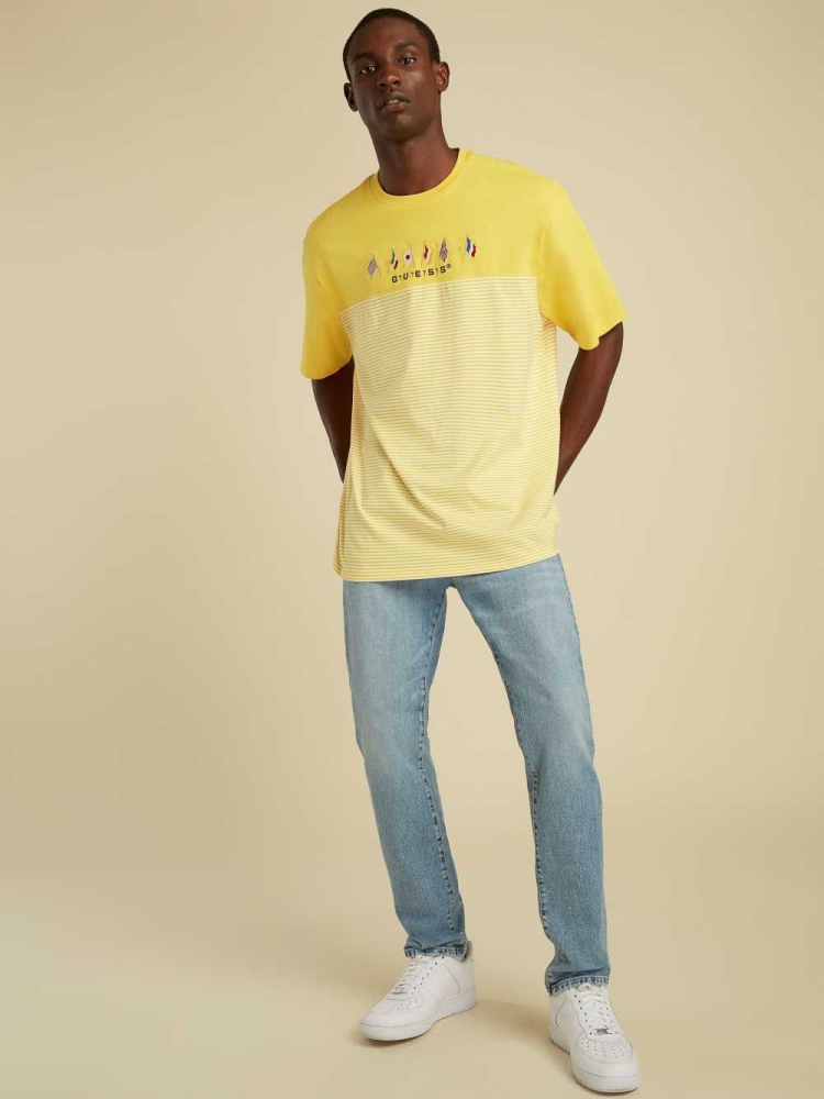 GUESS Striped Summer Games Men's T-Shirts Yellow | UK0375JXN