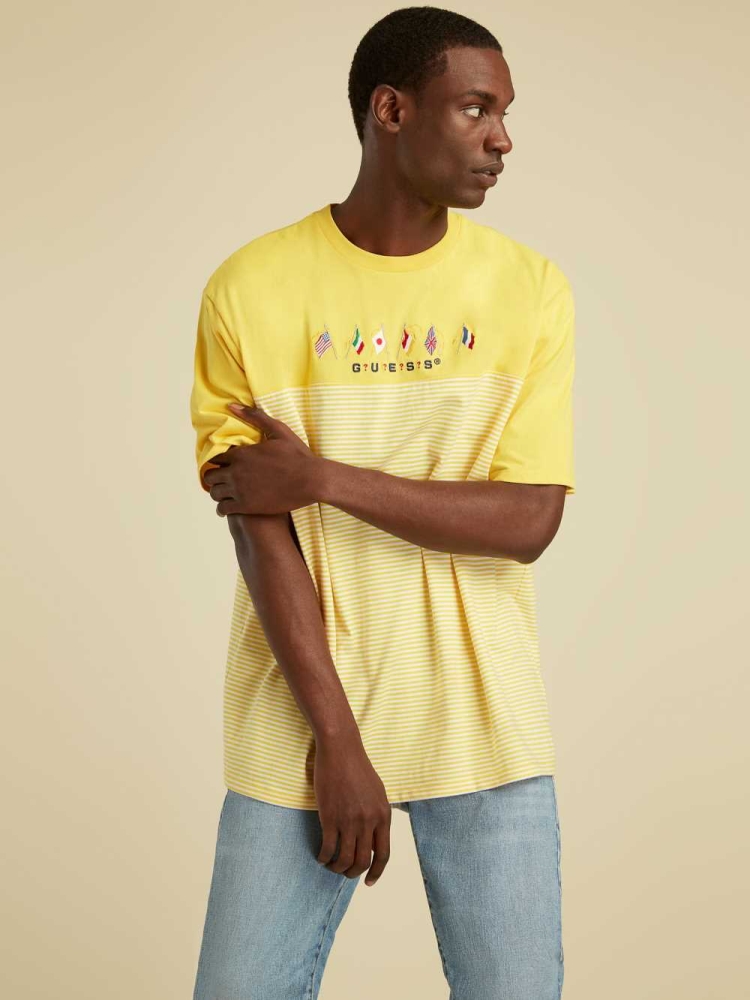 GUESS Striped Summer Games Men's T-Shirts Yellow | UK0375JXN