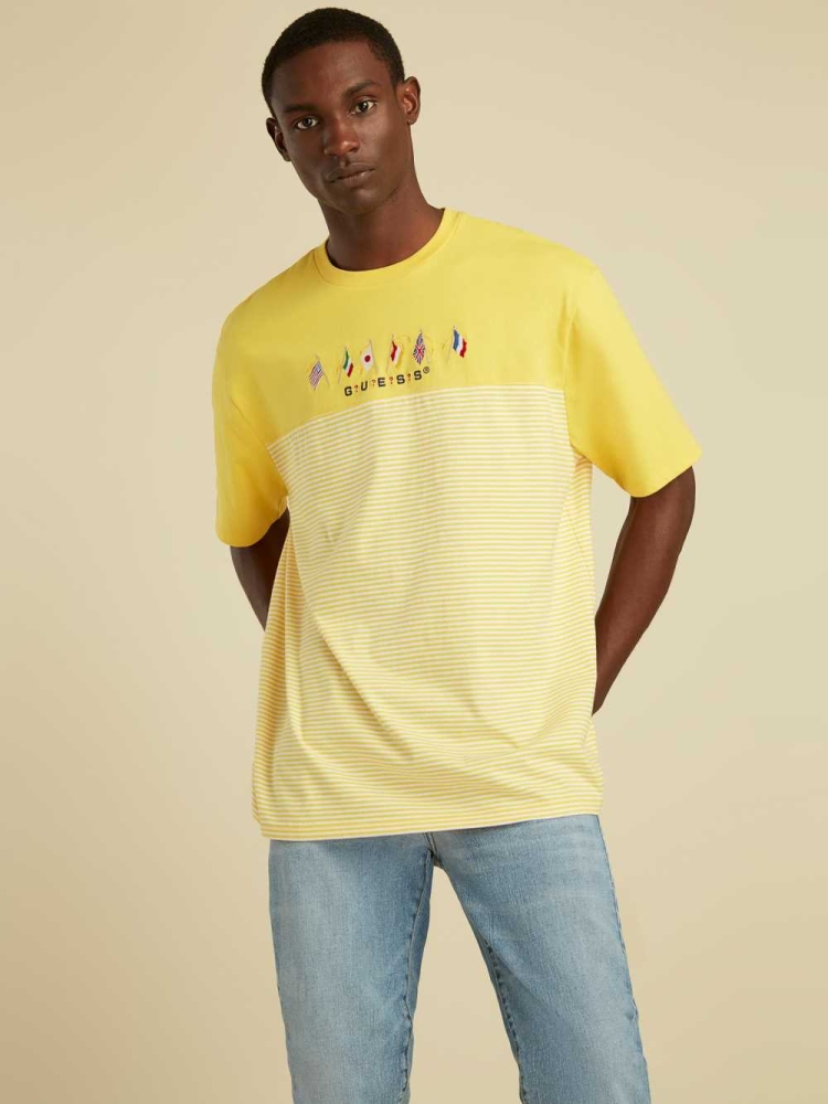 GUESS Striped Summer Games Men\'s T-Shirts Yellow | UK0375JXN