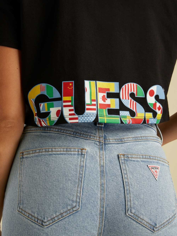 GUESS Summer Games Crop Women's T-Shirts Black | UK2754JTQ