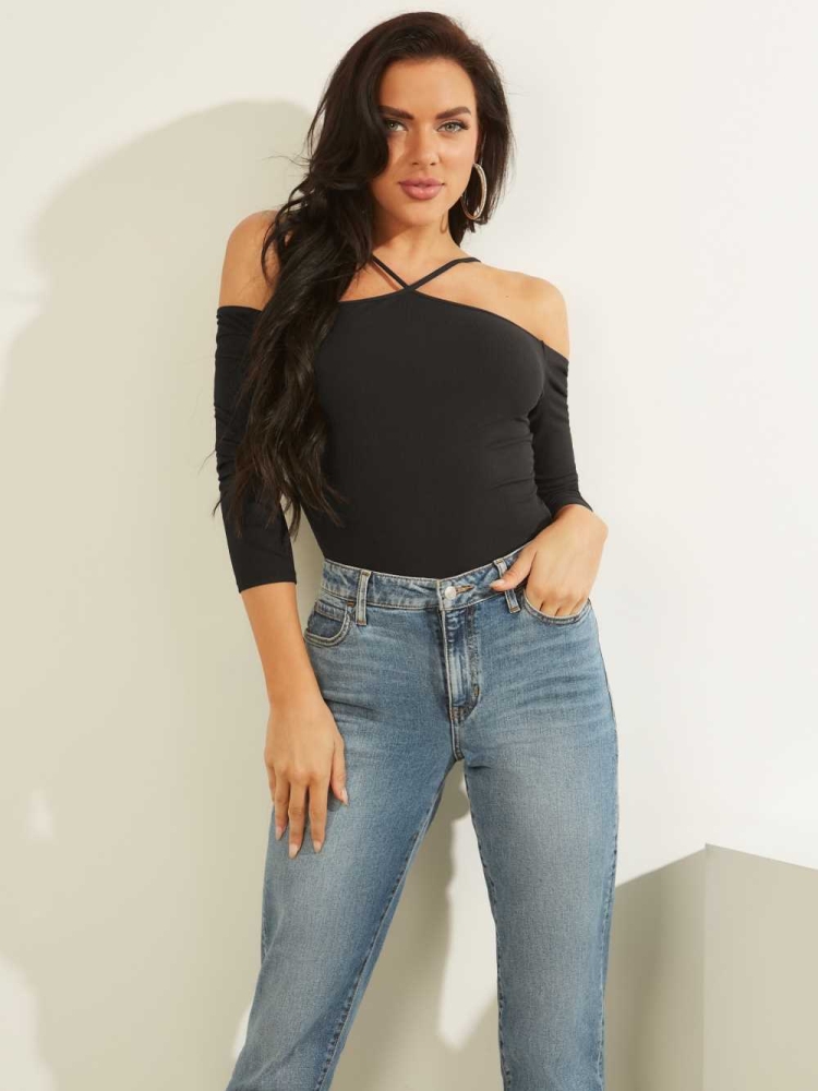 GUESS Tiera Cold-Shoulder Top Women\'s Tops Black | UK4712UXM