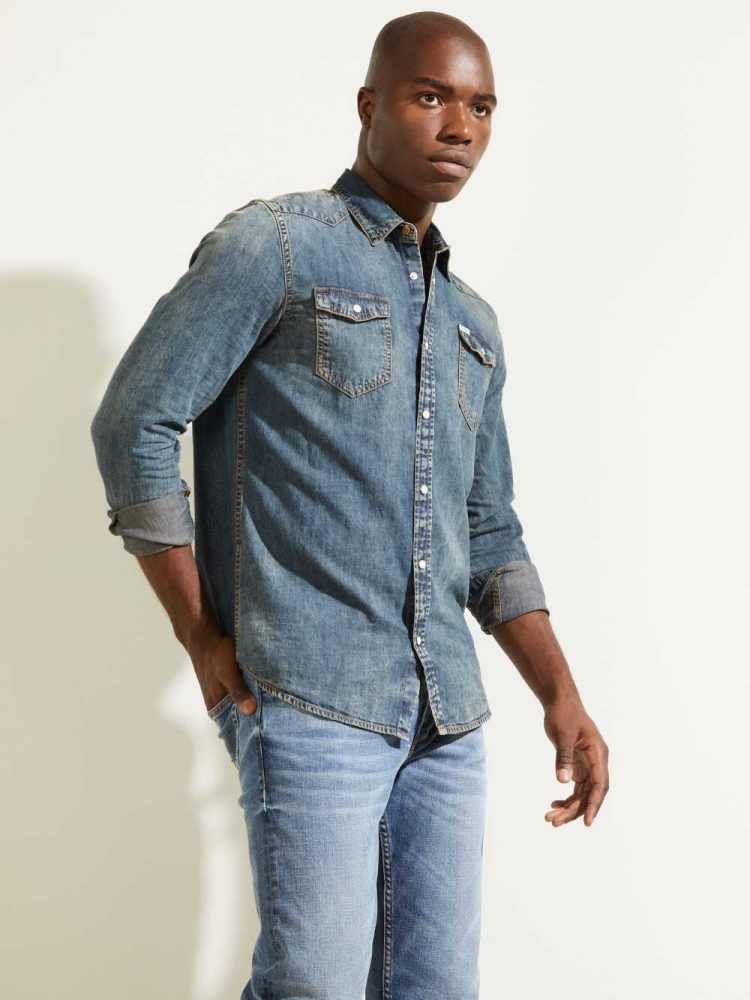 GUESS Truckee Denim Western Men's Shirts Blue | UK0615SWX