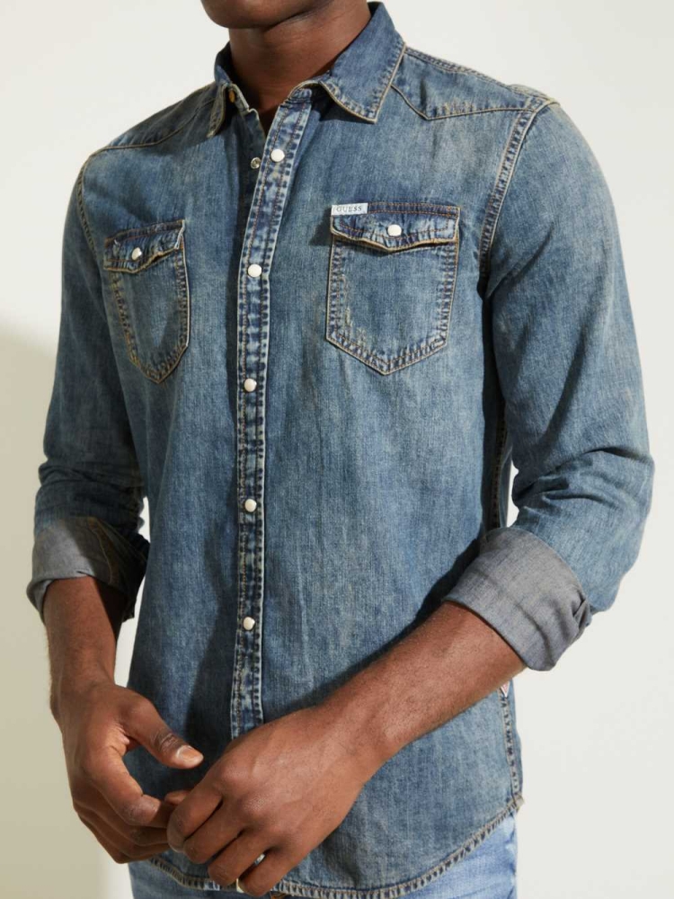 GUESS Truckee Denim Western Men's Shirts Blue | UK0615SWX