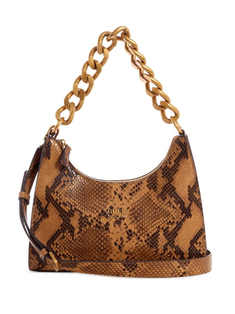 GUESS Tullia Python Hobo Women\'s Shoulder Bags Brown | UK4710OIF