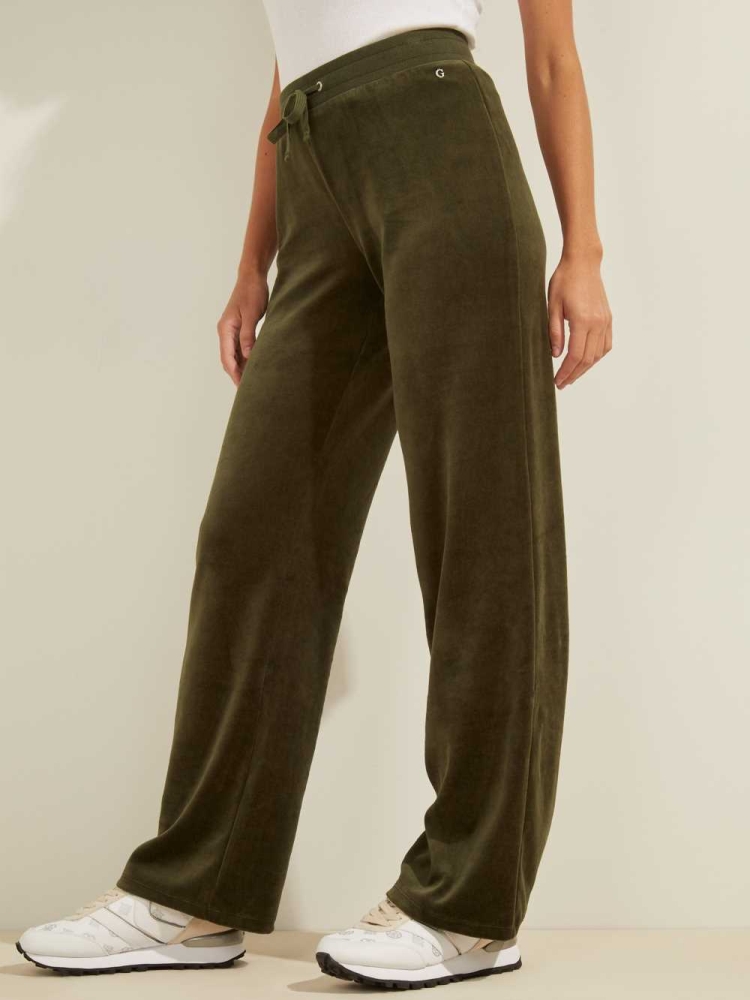 GUESS Velour Logo Women's Pants Green | UK1543HWZ