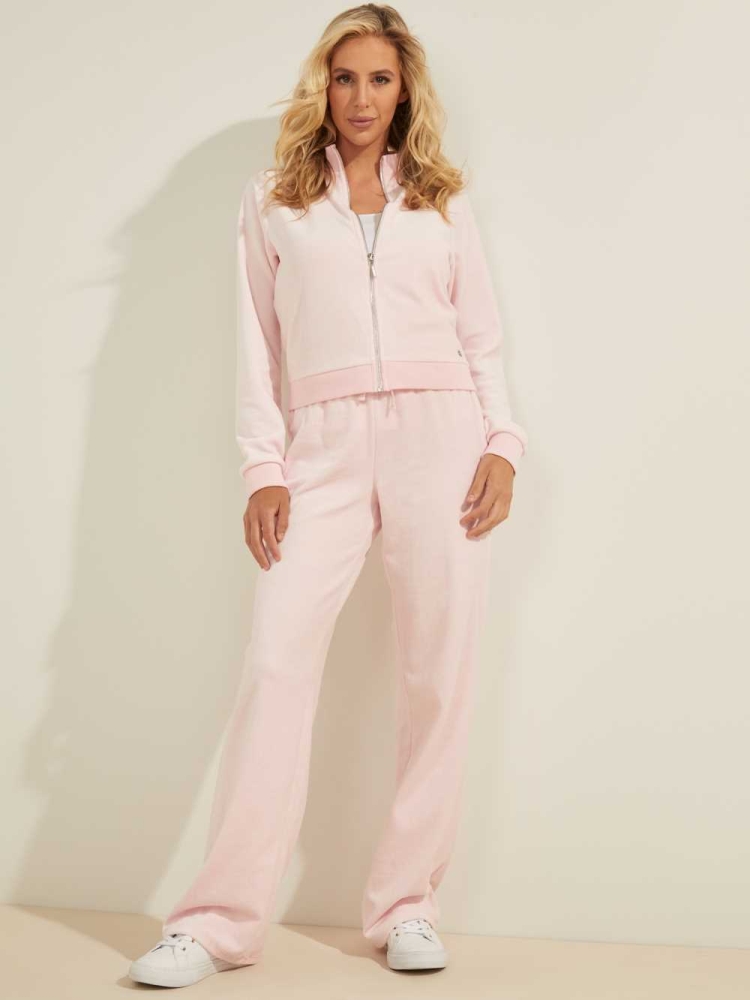 GUESS Velour Logo Women's Pants Pink | UK3601OFH