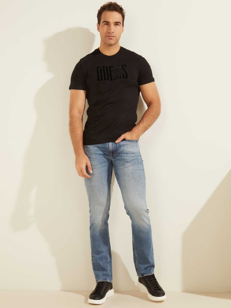 GUESS Velvet Applique Men's T-Shirts Black | UK5290XYL