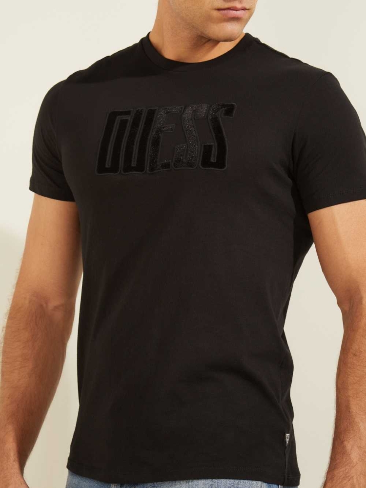 GUESS Velvet Applique Men's T-Shirts Black | UK5290XYL