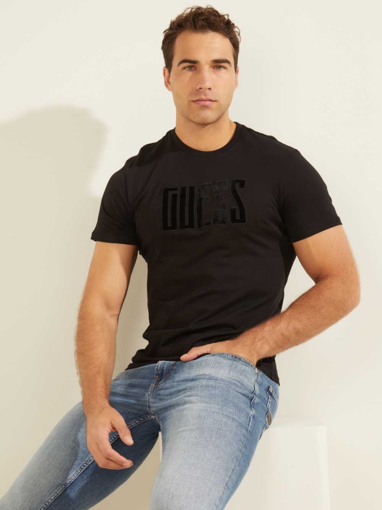 GUESS Velvet Applique Men\'s T-Shirts Black | UK5290XYL