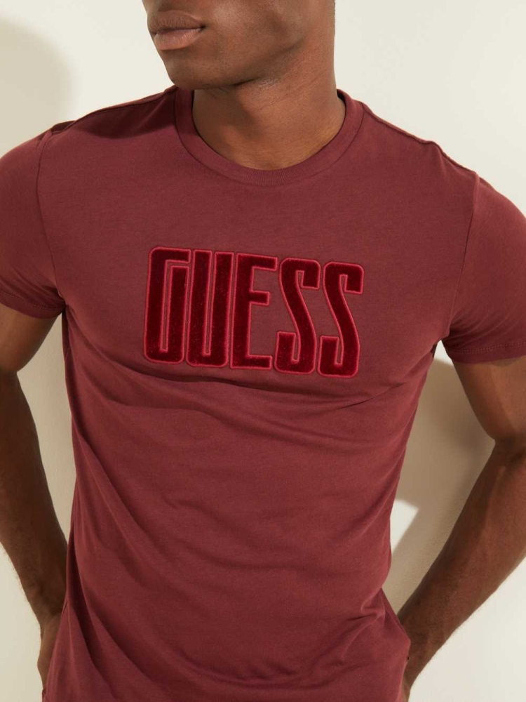 GUESS Velvet Applique Men's T-Shirts Purple | UK7824ORF