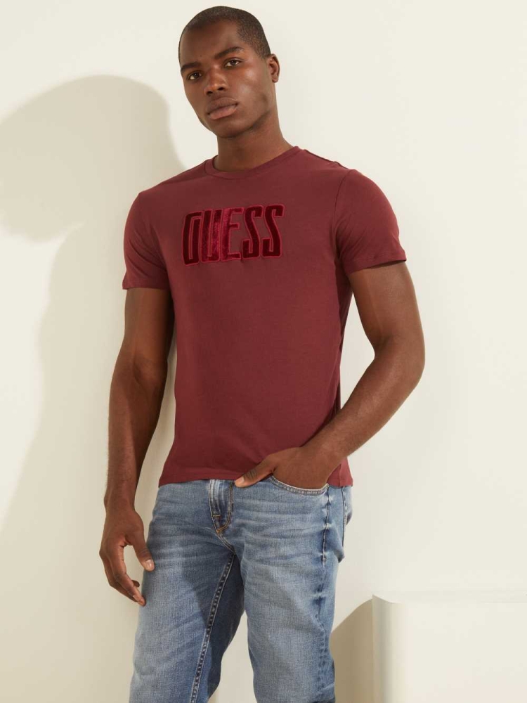 GUESS Velvet Applique Men\'s T-Shirts Purple | UK7824ORF