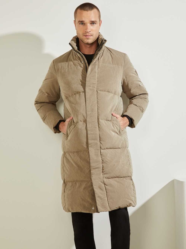 GUESS Warm Touch Long Puffer Men's Jackets Khaki | UK3790KQU